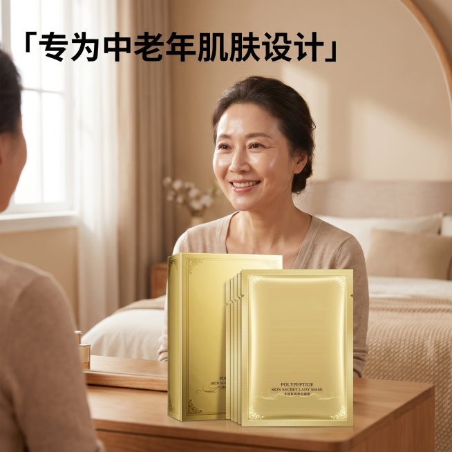 [主图 6]中老年居家使用场景
[氛围风格]真实温馨，生活化场景，贴近中老年日常
[画质]商业写实摄影质感，光线自然柔和，画面真实自然
[元素]50岁左右亚洲中老年女性，干净居家卧室场景，刚刚敷完面膜预览效果