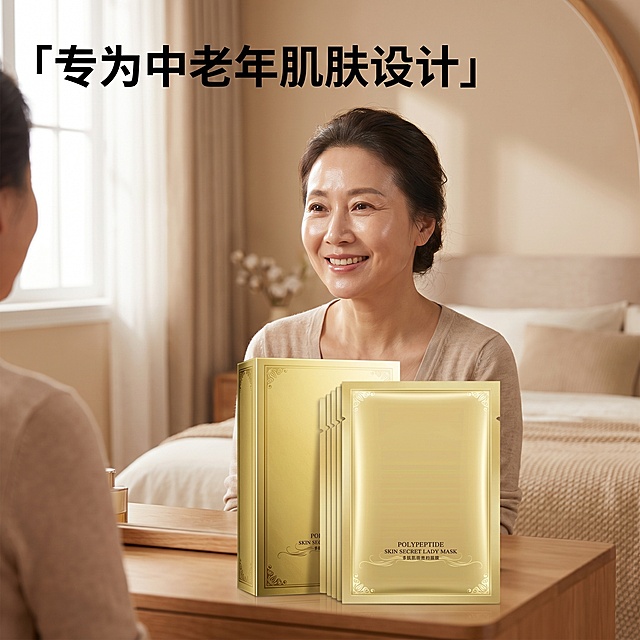 [主图 6]中老年居家使用场景
[氛围风格]真实温馨，生活化场景，贴近中老年日常
[画质]商业写实摄影质感，光线自然柔和，画面真实自然
[元素]50岁左右亚洲中老年女性，干净居家卧室场景，刚刚敷完面膜，对着镜子微笑，皮肤状态看起来更好，桌面上放着一盒贵妇面膜。产品放在前景桌面位置清晰展示。保持产品外观与输入产品图绝对一致，杜绝变形色差
[光影]自然窗户柔光，氛围温馨舒适，光影自然不生硬
[配色]暖米色居家氛围，颜色柔和温馨，突出产品和人物自然状态
[视角构图]人物和产品为中心，浅景深突出主体，满屏无边框构图
[文字版式]左上角粗体大字「专为中老年肌肤设计」，文字清晰不遮挡人物面部和产品主体，对比度适中易读
[比例分辨率]1:1 比例，2k 分辨率；文字清晰可辨，超高清
[负向提示词]变形，水印，文字错乱，产品模糊，人物面部怪异，场景脏乱