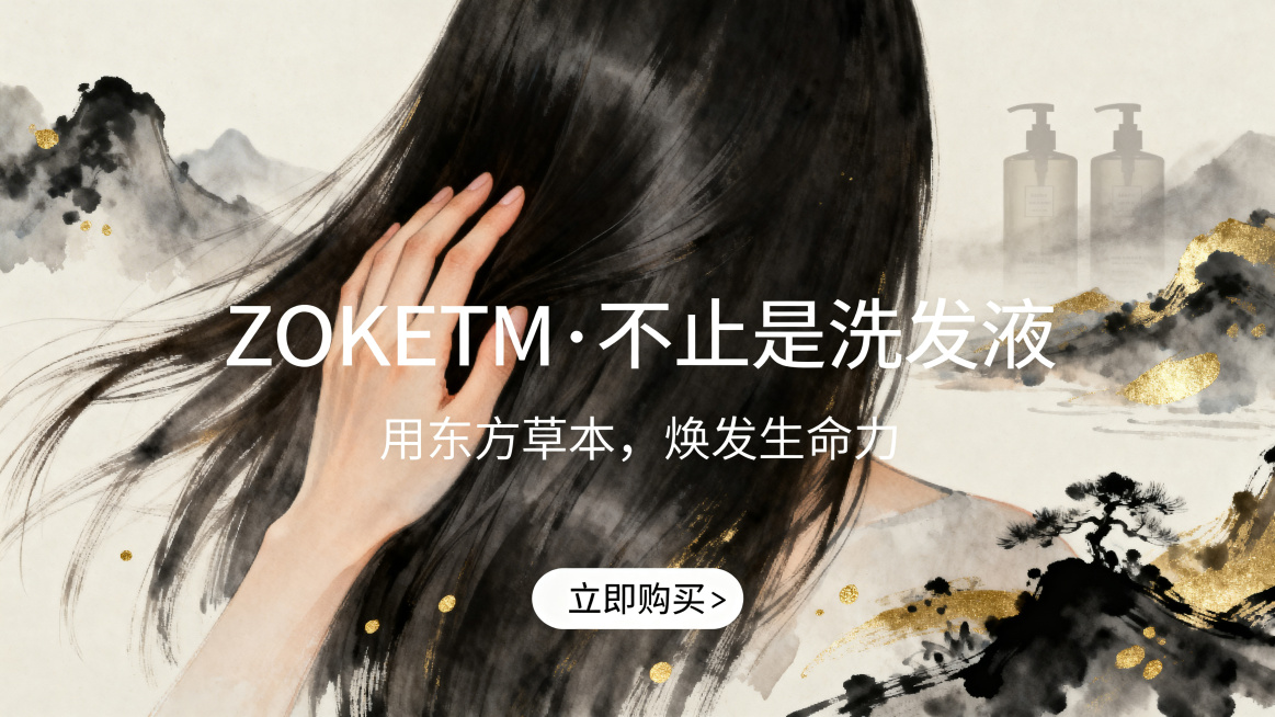 洗发液品牌理念结尾升华页，传递情绪共鸣与行动号召。背景是极简淡彩水墨山水，整体色调静谧，以墨色为主搭配金色点缀，水墨渐变过渡自然柔和。前景是一只手轻轻抚过柔顺发丝，发丝带有随风微动的自然质感，远处隐约预览效果