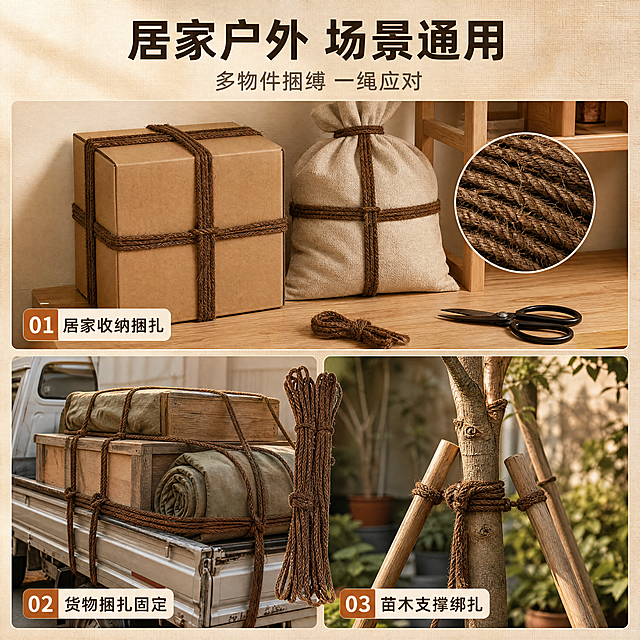 【商品】以【图1】整捆棕绳、【图5】单束绳为主素材，【图2】手按绳体、【图4】竖直提挂用于场景中的持绳动作参考，【图3】绳股特写作为格内小图细节。保留真实棕榈丝棕色、三股捻制纹理、绳体粗细与捆扎结构，不改变颜色、材质与结构。
【画面】页面目标=展示一绳多用的适配场景。采用多场景拼图型三格构图（上大下二不等分）：上格为居家收纳场景，纸箱与布包用棕绳十字捆扎固定于木架旁，桌面上有剪刀与小段绳头；左下格为户外货物捆扎固定，货车旁木箱与帆布被棕绳连贯绕紧；右下格为庭院苗木支撑绑扎，树干与木支架间以棕绳打结固定。三格以米杏细线分隔，每格底部为米杏圆角短标签条；三格光影方向统一为暖柔侧光，色调一致，背景做深浅区分的棕麻延展，产品在每格中清晰可辨，形成三层信息层级。
【视觉】套系策略：风格=国内功能型商业实拍；标题字=阿里巴巴普惠体 Bold；正文字=阿里巴巴普惠体 Regular；主色=棕麻色（#6B4A2E）；背景延展=基于棕麻色做米杏（#F5EDE2）浅底、焦糖渐变、麻布与木纹材质延展；强调色=焦糖橘（#C8792E），仅用于小面积引线、标签底色、编号块与局部光效，不使用任何小图标、徽章、角标类小图案；标题色=深棕（#3A2A1C）；正文色=中暖灰（#7A6A5A）；组件=米杏圆角信息卡、麻布质感色块、细线引线、编号胶囊；光影=左上侧暖柔光，接触阴影自然。
【文字】顶部主标题“居家户外 场景通用”，副标题“多物件捆缚 一绳应对”；三格短标签依次为“居家收纳捆扎”“货物捆扎固定”“苗木支撑绑扎”。所有文字横向排版，禁止竖排、旋转排与斜排，字号手机端可读，不遮挡各格主体。
【规格】图片比例1:1正方形，分辨率4K，负向提示：避免变形、错字、乱码文字、文字过小、竖排或斜排文字、冷蓝与蓝灰主色、三格色调不统一、改变绳体颜色与结构、人物或货物比例失真、平台Logo与角标水印二维码，以及天然、环保、原生态、最、第一、顶级、独家等极限词与违禁词。