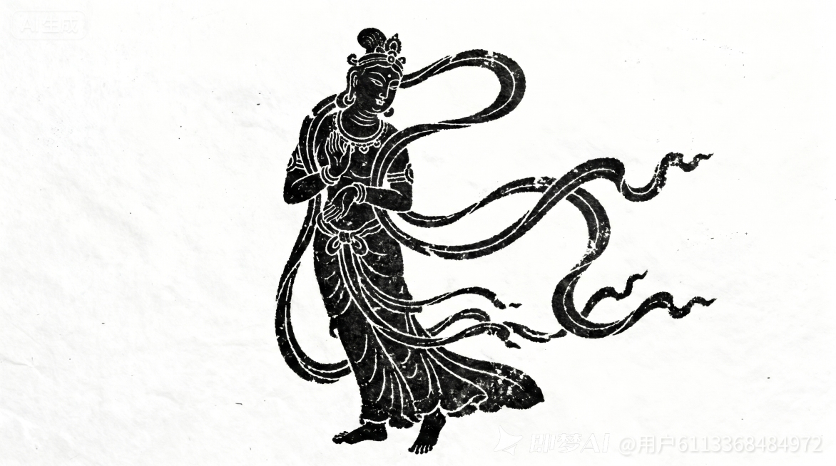 传统拓印视觉风格，白色背景黑色图案，云冈壁画飞天，飞天改为站立姿势，保留原拓印古朴简洁线条，传统艺术韵味，人物生动传神预览效果
