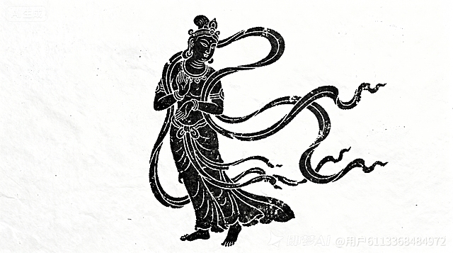 传统拓印视觉风格，白色背景黑色图案，云冈壁画飞天，飞天改为站立姿势，保留原拓印古朴简洁线条，传统艺术韵味，人物生动传神