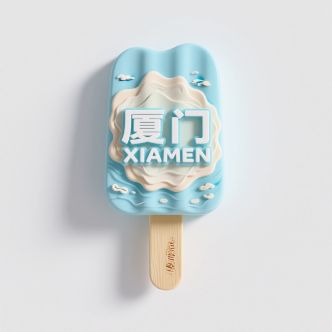 文创雪糕，画面主体为“厦门 XIAMEN”，立体海岛元素，淡蓝色，夏天预览效果