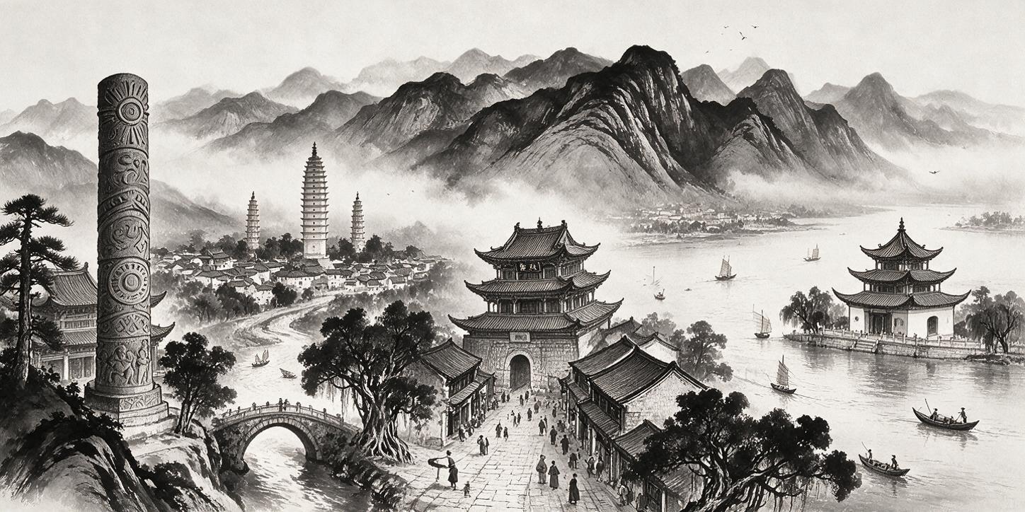 黑白水墨国画横幅长卷，云南多地标建筑群像，从左至右依次展现：楚… - 图片创意预览