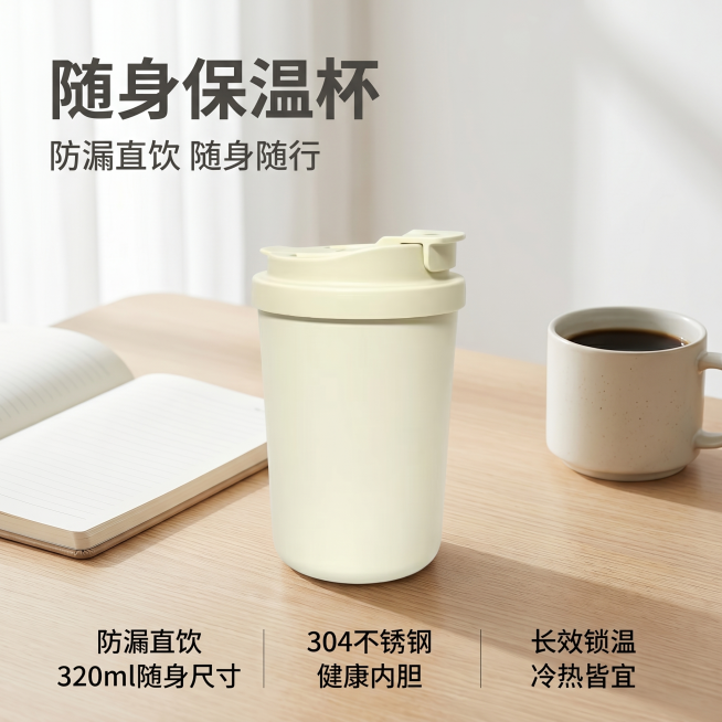 [主图-1] 白色保温杯便携随身首图，突出通勤车载实用性
[氛围风格] 简约干净ins风，日常实用氛围感
[画质] 商业摄影质感、光线柔和通透、产品清晰真实、画面干净高级
[元素] 奶白色保温杯居中放预览效果