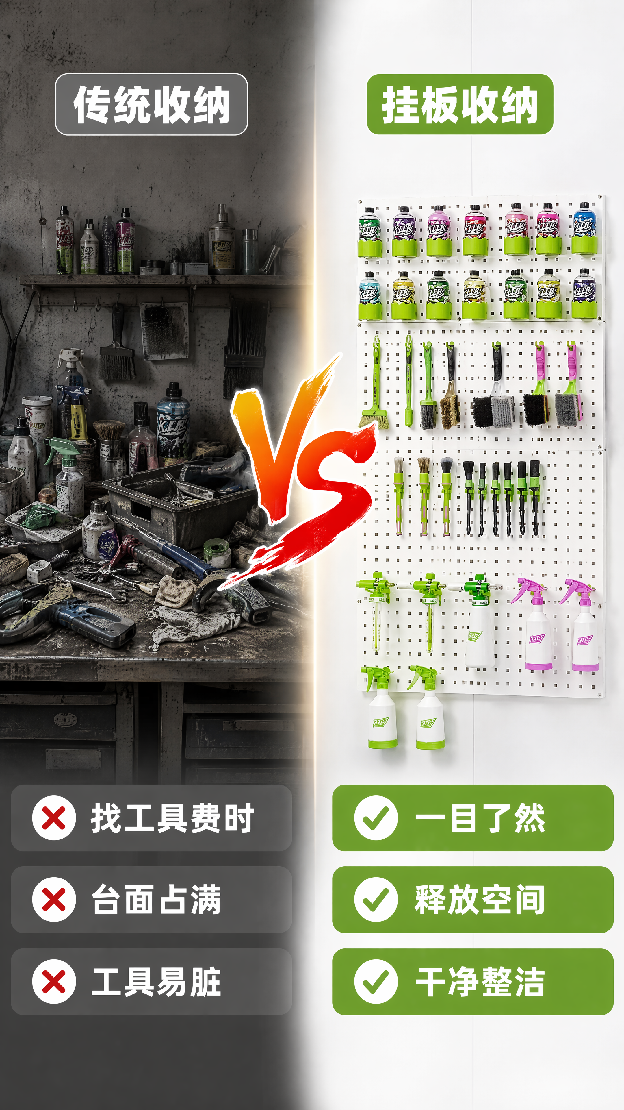 [第6张] 使用前后对比页-传统收纳vs挂板收纳PK。本张使用… - 图片创意预览