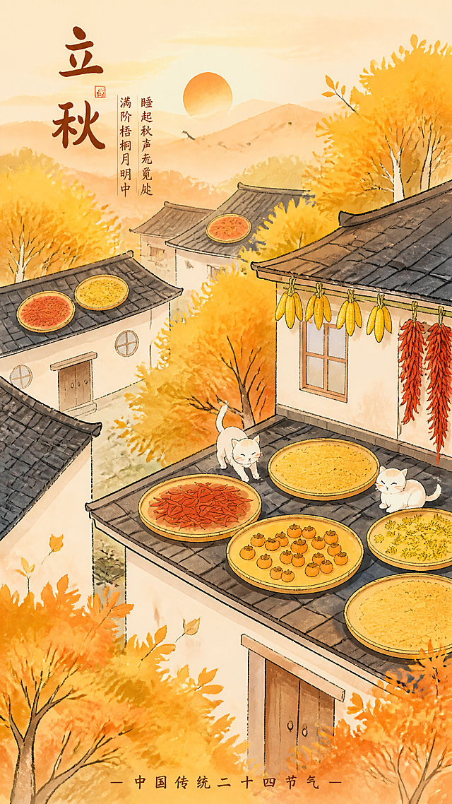 立秋节气主题插画，治愈系水彩手绘风格，暖黄色调。画面展现秋日乡村屋顶晒秋场景：错落的白墙黛瓦民居，屋顶晾晒着柿子、辣椒、菊花、稻谷等农作物，屋檐下挂着成串的玉米和红辣椒。周围是金黄色和橙红色的 autumn 树林，远处有淡淡的落日。两只可爱的白色小猫在屋顶上悠闲漫步。左上角有竖排的"立秋"书法大字，旁边配有小字诗句"睡起秋声无觅处，满阶梧桐月明中"。底部有"中国传统二十四节气"字样。整体氛围温馨宁静，充满秋日丰收的气息，画面中不要出现人物。