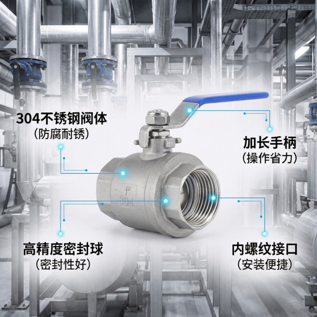 基于原图304不锈钢二片式球阀，使用卖点导图构图，以产品为中心，用极细科技感引线连接球阀各核心部位，每个引线末端加定位光点，分别标注对应卖点：304不锈钢阀体、高精度密封球、加长手柄、内螺纹接口，突出预览效果