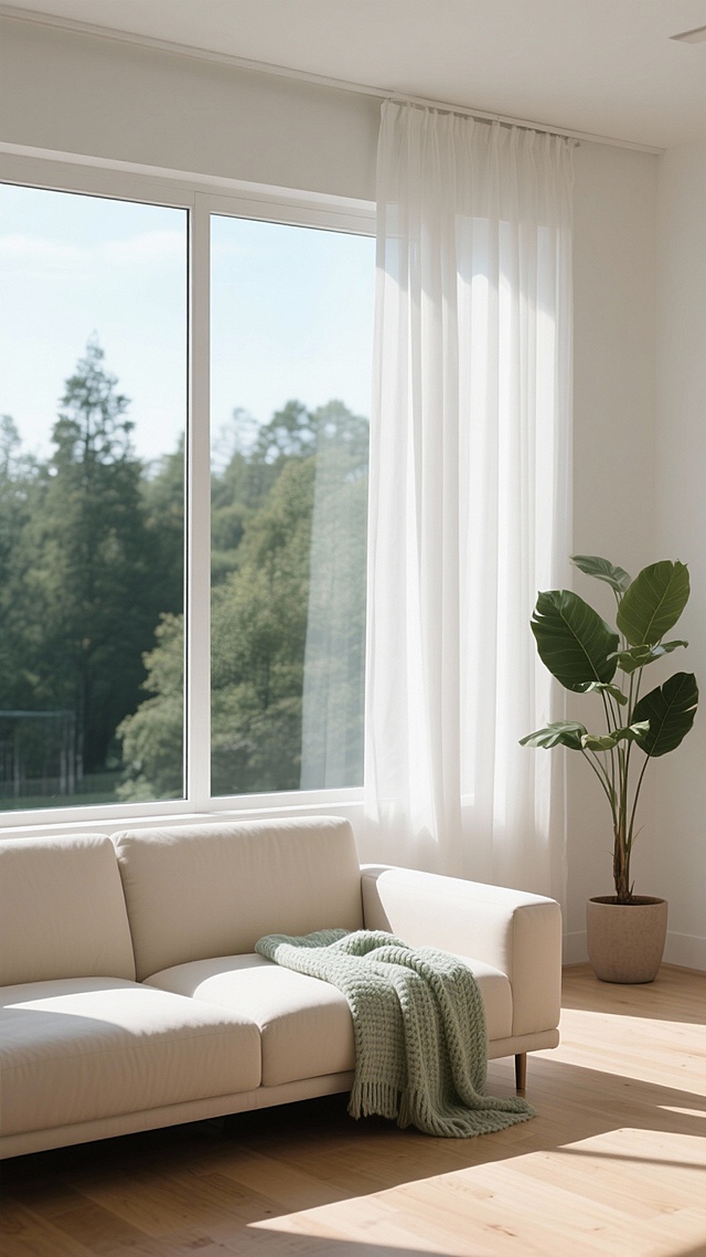 清新自然的极简客厅，柔和光影洒落，米白沙发搭配浅绿针织毯，轻拟物设计与真实质感交织，营造舒适宁静的居家氛围。