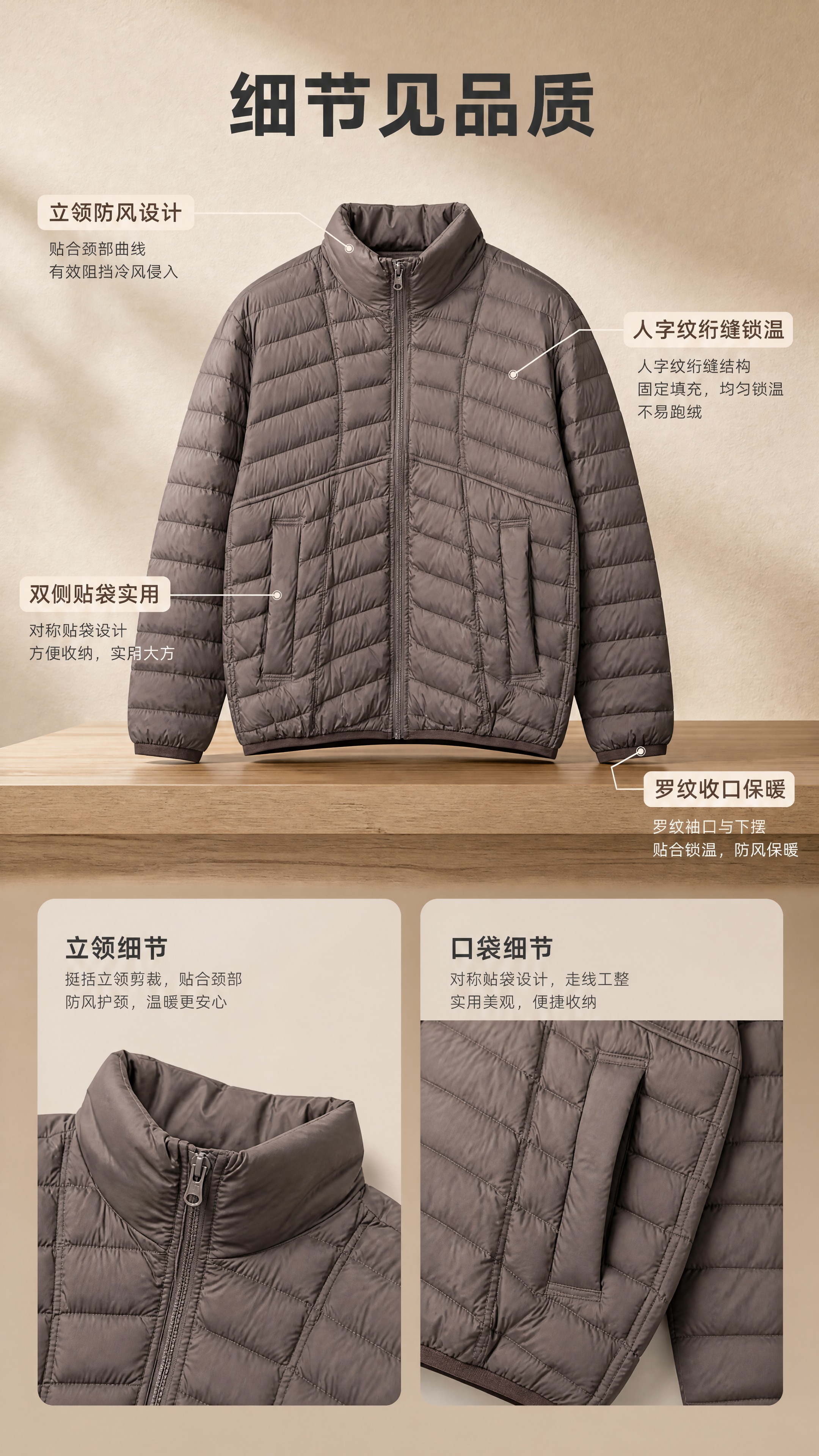 [商品] 使用【图1】咖色男士轻薄立领羽绒服；商品处理：保留立… - 图片创意预览