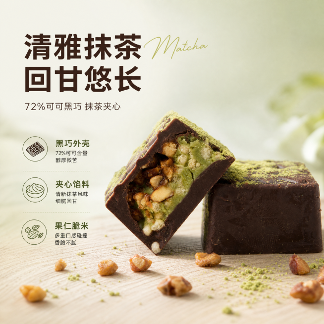 [单张主图] 抹茶夹心黑巧克力 高级氛围感主图，展示产品诱人结构同时传递高级质感，适合淘宝天猫平台。
[画面主体] 保持产品外观（物理结构、材质质感、颜色）与输入产品图绝对一致，杜绝任何变形和色差，精预览效果