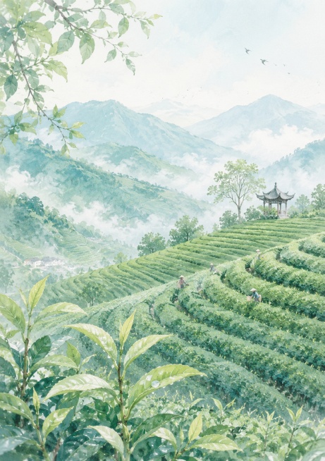 清新淡雅茶山茶叶茶园插画，A3尺寸预览效果