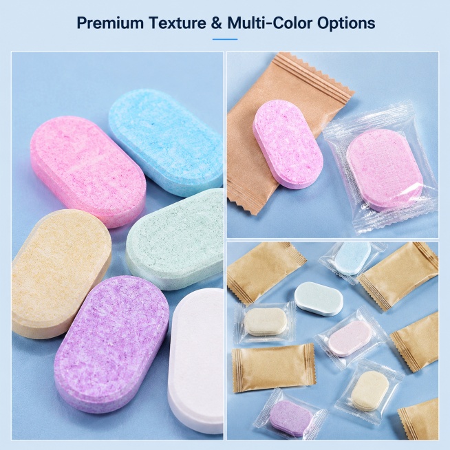 [主图-3] Multi-color and packaging detail display of hand washing effervescent tablets. [氛围风格] Clear d预览效果