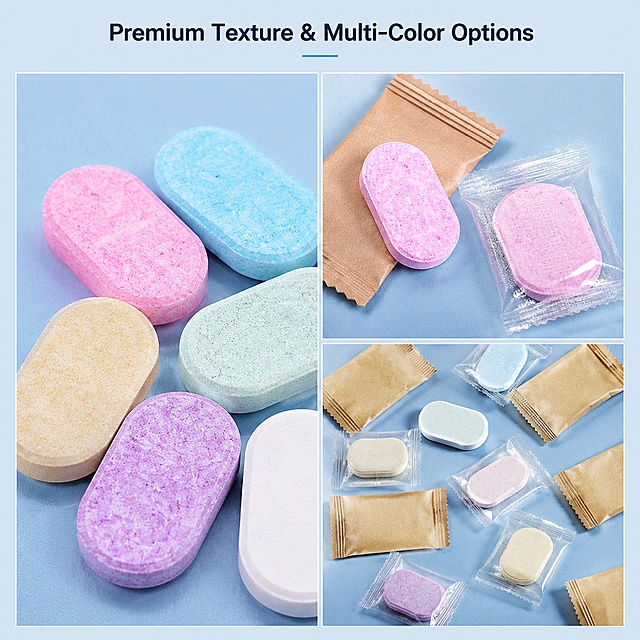 [主图-3] Multi-color and packaging detail display of hand washing effervescent tablets. [氛围风格] Clear detail display, simple and clean. [画质] Macro commercial photography, clear texture, high resolution. [元素] Close-up shot of the effervescent tablet surface and independent packaging. Show the fine foaming texture of the effervescent tablet and the sealing of the independent packaging. Keep the original product color and packaging material unchanged: kraft paper packaging and transparent packaging are displayed at the same time, multiple color effervescent tablets (pink, light blue, yellow, light green, purple, white) can be clearly seen, the texture is delicate and uniform. Place multiple details in the same picture with reasonable layout, each detail area is clear, product accounts for 70% of the picture, low saturation light blue background. [光影] Soft side backlight, highlight the texture of the effervescent tablet, transparent packaging has light transmission effect, level clear. [配色] Light blue low saturation background, product color bright, contrast coordination. [视角构图] Grid layout of three details, close-up perspective, each detail has independent space, no overlapping occlusion. [文字版式] All English, small title "Premium Texture & Multi-Color Options" at the top, simple and clean, do not occupy too much space, text clear. [输出要求] 1:1 square ratio, text clear recognizable, ultra HD commercial photography texture. [负向提示词] Deformation, text disorder, blurred details, messy background, watermark, Chinese text, product color distortion.