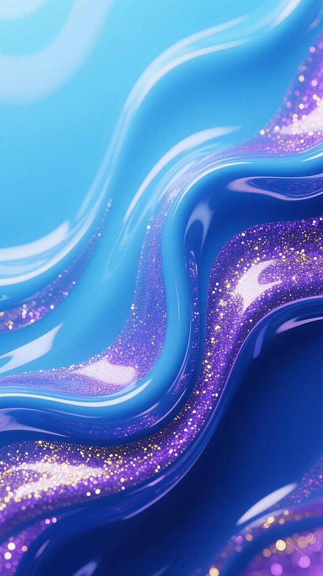 一张充满流动感的抽象液体艺术背景，以明亮的天蓝色和深邃的靛蓝色为主色调，其间点缀着梦幻的紫色和金色闪光纹理，色彩过渡自然柔和，呈现出类似液态金属或珠光颜料混合后的细腻质感，整体画面富有动感和光泽感，营造出神秘而绚丽的氛围。