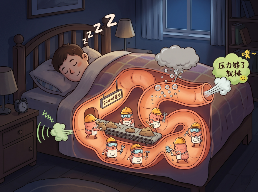 比例4:3，深夜卧室背景，一个人盖着被子呼呼大睡，头上冒着"Zzz"，身体旁开一个透明剖面视角，里面是卡通化大肠，像一节节隧道工厂流水线：大肠变成勤劳小工人，戴安全帽护目镜，围围裙，拿扳手，踩传送带，预览效果