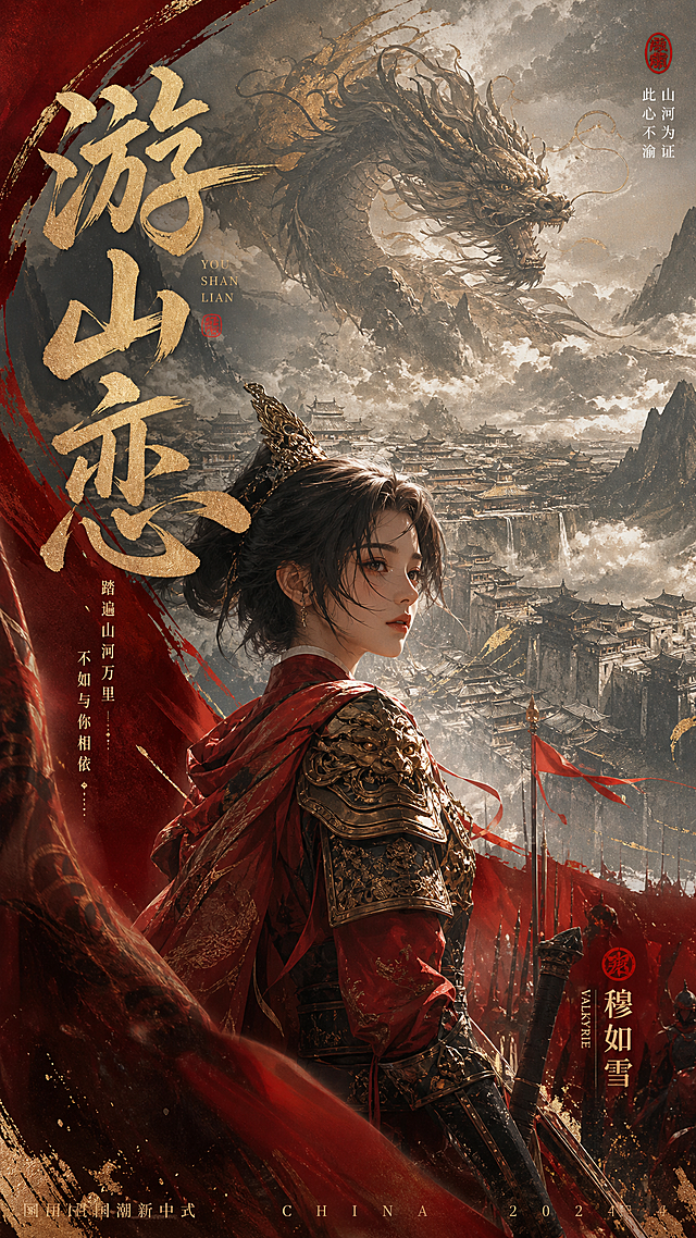 海报主题“游山恋”，东方短发女将军主人公，背景为宏大江山，空中隐约有中国龙腾飞，国潮新中式风格，气势宏大，现代排版，红金配色，东方美学，细节丰富，电影级画质，高清细节，水墨质感，电影级光影