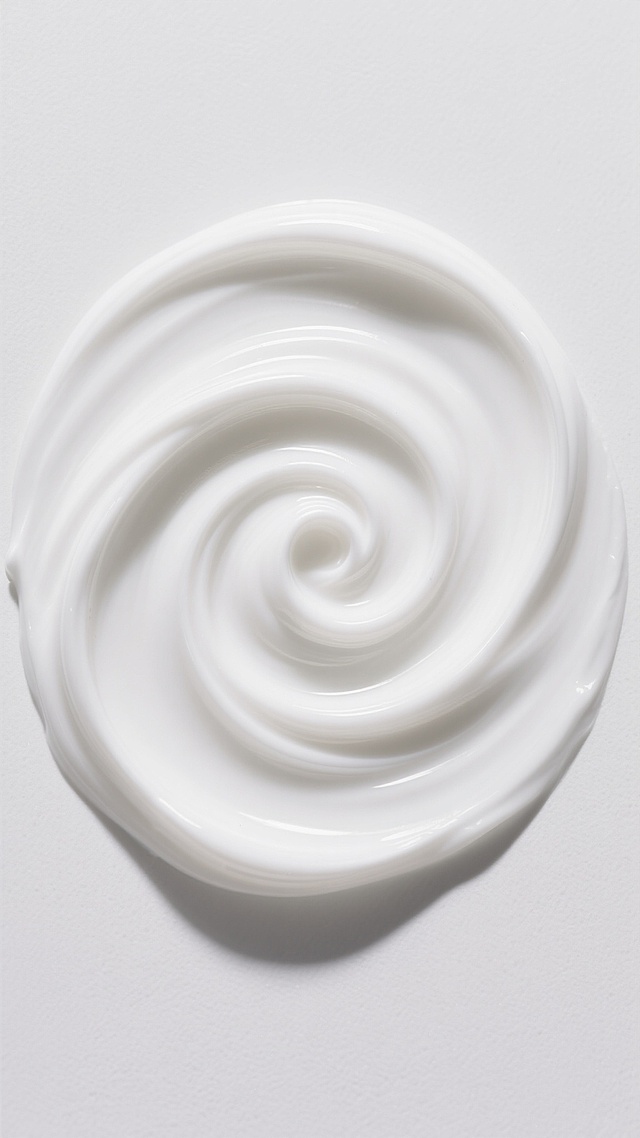 超高清商业摄影风格，纯净白色背景，镜头聚焦于中心区域，展现细腻柔滑、富有光泽感的白色面霜质地，面霜呈现出精致的立体波浪样式，边缘平滑流畅，中心形成优雅的螺旋上升造型，表面有自然的光影折射，高光处明亮柔和，阴影过渡自然，整体构图简洁大气，突出面霜的丝滑质感与变换后的独特形态，无任何文字或标识元素。