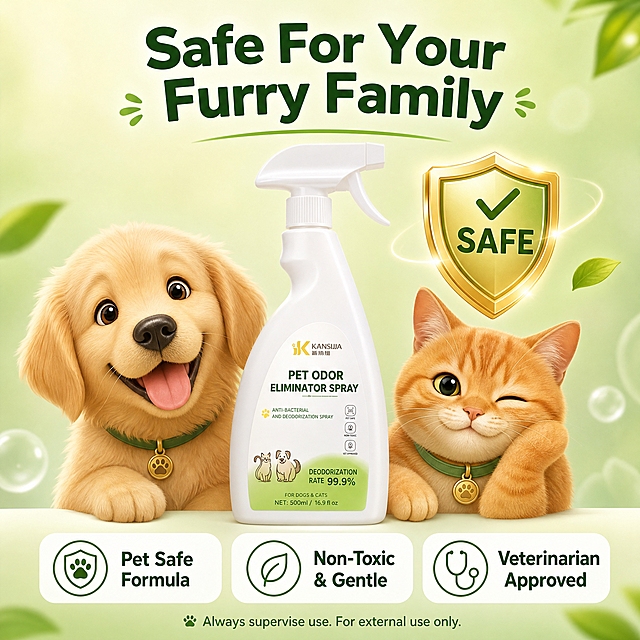 [主图-7] Pet Odor Eliminator Spray 安全信任收口图，主题是猫狗通用安全配方，Safe Gentle Formula for Dogs & Cats。
[统一基调] 清新绿白清洁感视觉体系，圆润饱满无衬线英文字体，浅绿到白色渐变背景家族，深绿色标题字，浅绿色辅助色，白色圆角卡片，细线条线性图标。
[画面] 浅绿渐变背景，温馨信任风格。画面中央是产品瓶身，约占40%，正面视角。瓶身两侧各有一个可爱的宠物元素：左侧是一只金毛幼犬的卡通化圆润头像（友好微笑），右侧是一只橘猫的卡通化圆润头像（慵懒可爱）。瓶身上方有一个盾牌形状的安全认证图标，内有对勾标志。底部有三个白色圆角信任标签横向排列，分别是：Pet Safe（宠物安全）、Non-Toxic（无毒配方）、Vet Recommended（兽医推荐）。整体营造安心可靠的感觉。
[光影质感] 柔和暖光，产品清晰有质感，宠物头像圆润可爱，盾牌图标有光泽感，整体温暖可信。
[配色] 浅绿渐变背景带轻微暖调，白色圆角标签，深绿色标题，金色盾牌图标，宠物毛色自然。
[文字版式] 顶部大标题 "Safe For Your Furry Family" 深绿色粗体大号字居中。盾牌图标内有 "SAFE" 字样。底部三个信任标签分别写 "Pet Safe Formula"、"Non-Toxic & Gentle"、"Veterinarian Approved"，深绿色文字。最底部有一行小字 "Always supervise use. For external use only."。
[输出要求] 1:1正方形，2048x2048，产品清晰，宠物形象可爱友好，文字清晰，无变形，无错字，无水印，无中文，整体温馨可信。
