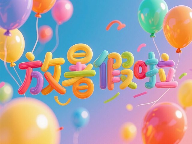 “放暑假啦”由气球构成，笔画错乱排版，背景彩色，整体画面活泼