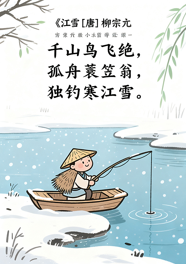 产品精修，产品置于纯白背景上，专业商业棚拍光，5500K标准中性白光，轮廓光，体积光，曝光正确，强烈真实立体感，完全无阴影，无接触阴影，无投射影，无地面阴影，无闭塞阴影，无倒影，商品像干净抠图贴在纯色背景上，主体居中，商品完整入画不裁切，商品外轮廓视觉体量约画面60%-80%，四边均匀留白约10%-20%，严禁满幅铺满与贴边顶满，极致超清画质，细节清晰锐利，4K分辨率，商业级实拍质感，保留原图真实材质与结构细节，锁定原图商品轮廓、件数、部件位置、连接关系、标签文字和可见功能细节，只做精修不重绘结构，锁定原图材质表现，保持原有质感、光泽、纹理和色相关系，正视图，严格保持原图透视，严禁扶正，严禁镜像翻转，比例1:1，上方保留完整诗文内容，修正文字错误，将诗文修正为正确内容："《江雪》[唐] 柳宗元 千山鸟飞绝，万径人踪灭。孤舟蓑笠翁，独钓寒江雪。"