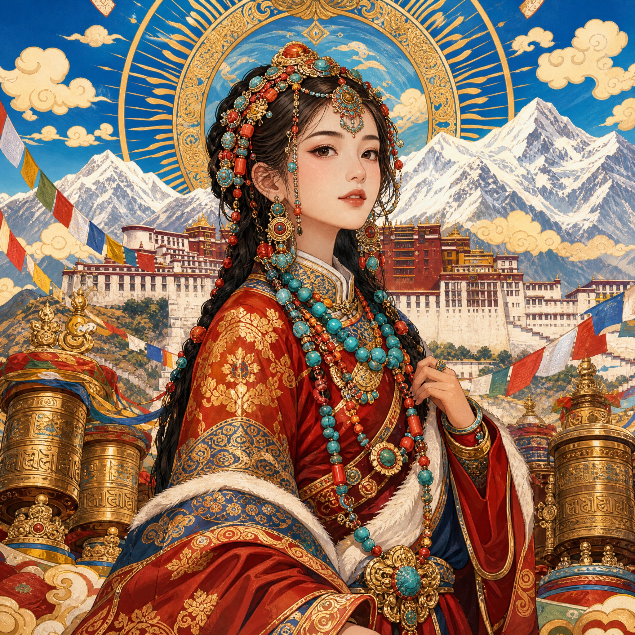 国潮插画，藏族主题，一位藏族姑娘身着华丽的藏袍，头戴巴珠头饰，… - 图片创意预览