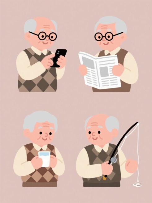 一组四个不同动作的老年人卡通插画集合，保持简约扁平风格，纯色背景，规整排布。每个老年人都有灰白短发、戴眼镜、穿着格子背心和浅色衬衫，表情亲切。第一个老人正低头专注看手机，手指轻触屏幕；第二个老人手持报纸，目光落在报纸内容上；第三个老人双手捧着牛奶杯，正在饮用；第四个老人手持钓鱼竿，神情专注地望向水面。整体色彩明快柔和，线条简洁流畅，人物姿态自然生动，保持统一的卡通风格和温馨氛围。预览效果