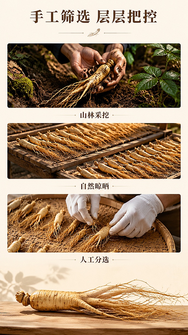 [第5屏] 详情页工艺讲解屏-长白山人参人工严选工艺展示。本屏使用【图1】人参作为产品主体。
[氛围/风格] 工艺叙事，干净简约，专业感商业摄影，突出匠人筛选过程。
[元素布局] 画面分三格纵向排列，分别展示采挖、晾晒、筛选三个工艺步骤，每张步骤图下方配简短说明文字；完整人参产品图放置在底部，占比约30%，保留原人参外形与纹理一致；整体信息饱满，不拥挤。
[光影质感] 每格步骤图光线均匀自然，产品图光线柔和，明暗清晰，整体一致性好。
[配色色系] 全局底色 #F8F4EA；主色浅棕木质，米白背景；辅助色深棕文字，风格统一。
[视角构图] 三分竖拼构图，阅读从上到下逐格浏览，最后落脚产品，逻辑清晰。
[文字版式] 顶部主标题「手工筛选 层层把控」，每个步骤图下方配4字说明，分别是「山林采挖」「自然晾晒」「人工分选」，字体保持温润宋体，文字清晰不重叠。
[比例分辨率] 9:16 竖版比例，4K分辨率，文字清晰可辨，高清画质。
[负向提示词] 人参变形，文字错乱，步骤模糊，水印，颜色偏差，背景杂乱
