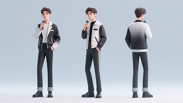 瘦高的电商虚拟主播，男性，20岁，时尚穿搭，纯色背景