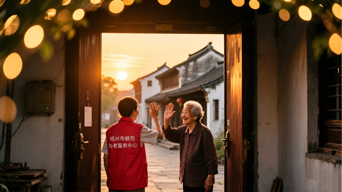修改红马甲背后的文字为：绍兴市颐然为老服务中心，其余内容保持不变，保留原图暖金色夕阳，古村落门口，志愿者和老人挥手告别的场景预览效果