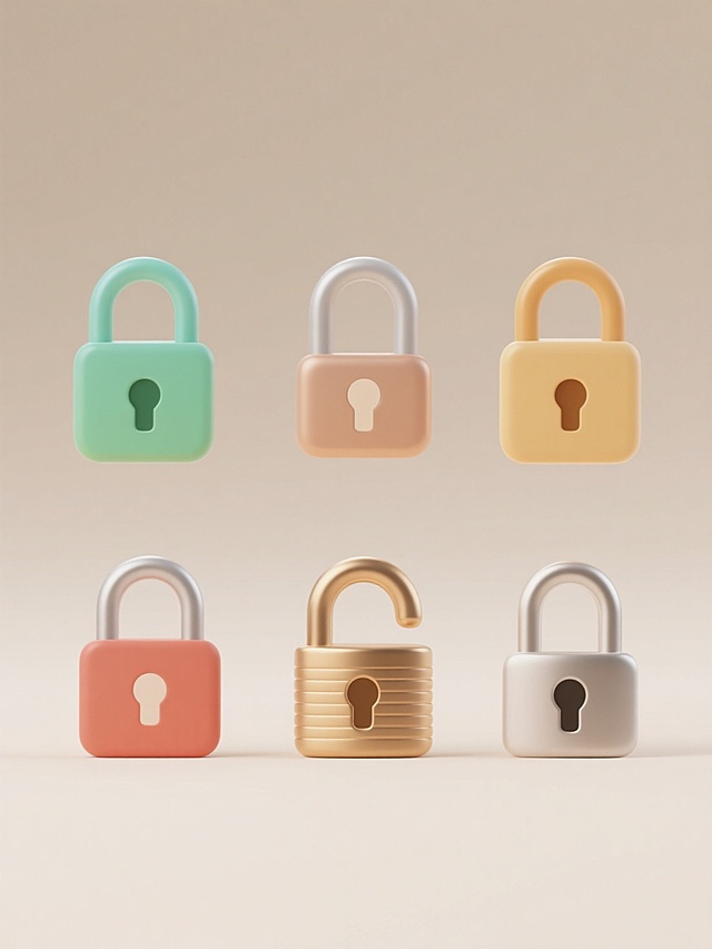 六个不同配色、不同样式、不同材质的锁造型图标，每个锁具拥有独特的设计细节与质感表现，整体采用上下两行三列的对称对齐排列方式，置于纯净的浅色背景之上，延续简约扁平的设计风格，主色调明快和谐，轮廓线条平滑流畅，无渐变效果，边缘处理圆润柔和，视觉层级清晰，信息传达直接高效，符合现代图标设计的简洁美学与功能导向原则。