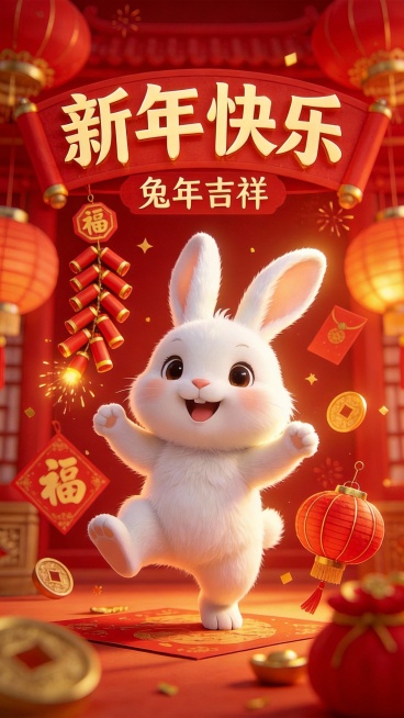 新年海报 要大红色有快乐的小白兔图案预览效果