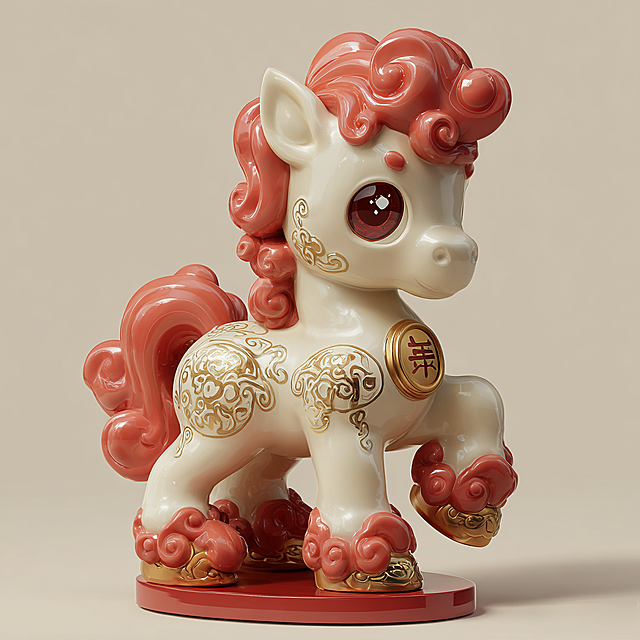 软3D风国潮小马，融合中式纹样与鎏金细节，萌趣可爱，喜庆十足，尽显新年吉祥韵味。