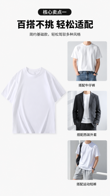 [第3屏] 卖点展示，本屏展示第一个卖点“百搭易搭配”。[氛围/风格] 简约清新电商展示风格，高清商业摄影质感。[元素布局] 左侧展示本款白色T恤，保持版型颜色材质和原图一致，右侧分区域展示三种搭配场预览效果