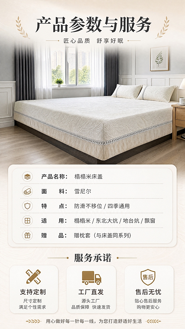 [商品] 使用【图1】米白色榻榻米床盖与同系列抱枕；保留叶纹肌理、麦穗织带、波浪纹下摆与整体版型；自然理顺褶皱，增强面料质感，不改变产品结构与颜色。
[画面] 规格与服务收尾页，目标是总结产品信息并提供售后保障。上半部分为床盖+抱枕铺设的温馨卧室小全景，下半部分为规格参数表与服务承诺卡片。整体干净整洁，信息清晰。
[视觉] 套系策略：风格=温馨家居商业摄影，柔和自然光；标题字=粗宋衬线体，大气有质感；正文字=思源黑体，清晰易读；主色=米白+浅灰；背景延展=基于米白浅灰做深浅层级、同色渐变和细腻织物/木纹质感；强调色=暖金色，仅用于小面积图标、引线和标签；标题色=深炭灰；正文色=中暖灰；组件=圆角浅底信息卡、细线引线、麦穗装饰元素；光影=左前侧暖柔光，温馨舒适。
[文字] 上方主标题"产品参数与服务"，下方规格表：产品名称=榻榻米床盖、面料=雪尼尔、特点=防滑不移位/四季通用、适用=榻榻米/东北大炕/地台炕/飘窗、赠品=赠枕套。底部服务承诺：支持定制、工厂直发、售后无忧。
[规格] 图片比例9:16竖版，4K，避免变形、错字、文字过小、冷蓝/蓝灰背景、产品颜色改变、极限词、虚假承诺。