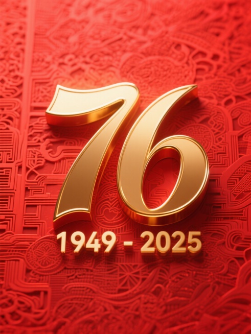 背景是红色搭配中式暗纹，主体是金色艺术感大字“76”，下方有金色艺术感小字“1949-2025”预览效果