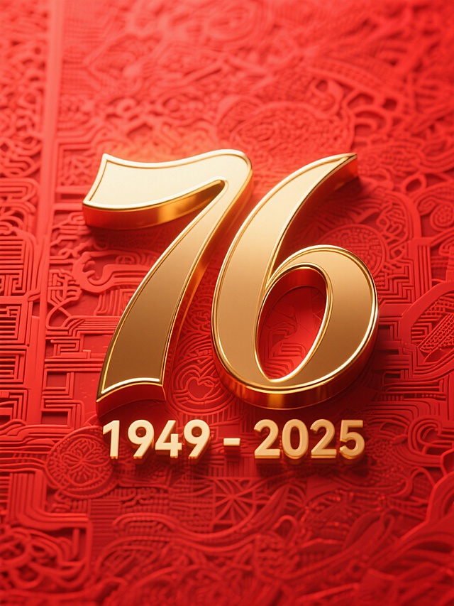 鎏金3D大字“76”浮雕于中式纹样红底，喜庆庄重，彰显政务庆典氛围，纪念1949-2025辉煌历程。