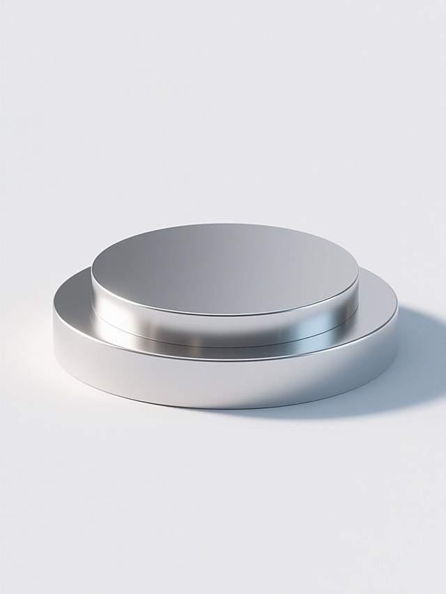 3D渲染的圆形展台，具有金属质感的银色表面，光滑且有细微的反光效果，展台由上下两个同心圆盘组成，下层略宽于上层，边缘呈现柔和的圆角过渡，整体造型简约现代，放置在纯白色的纯色背景上，光线从左上方照射，在展台右侧形成自然的阴影，阴影边缘柔和，增强了展台的立体感和空间感。