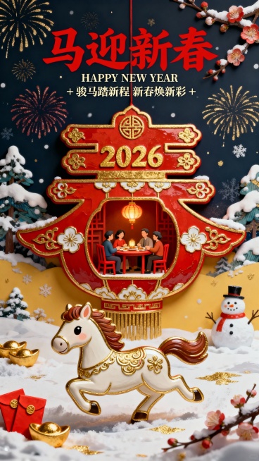 微缩艺术，马年新春海报，喜庆，融合传统新春元素与萌系Q版设计。前景为Q版奔跑姿态马形吉祥物，搭配红包、金元宝装饰；中心主体是巨大红色花灯春字造型（作为场景容器），中式纹样，春字内部嵌入微缩家庭聚餐场景预览效果