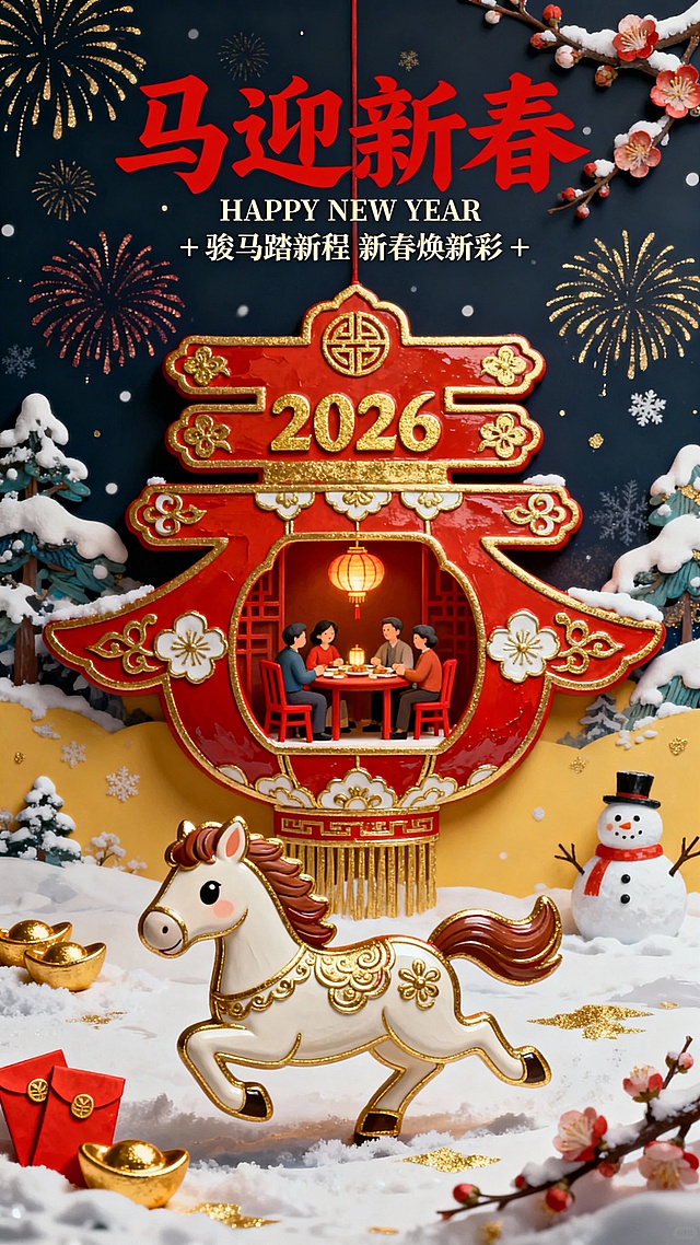 3D微缩艺术风融合剪纸与鎏金元素，卡通骏马踏雪迎春，红金配色尽显喜庆中式年味，浮雕质感营造立体节日氛围。