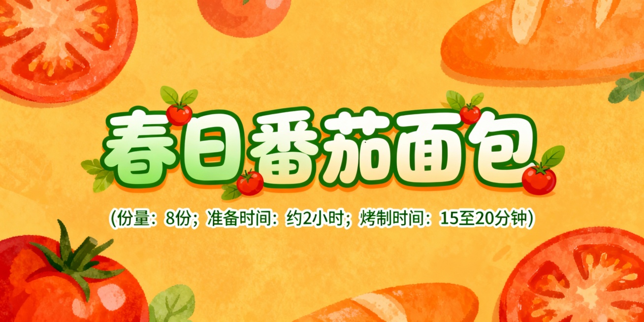 设计几个艺术字，颜色适合放在橙黄色调插画底图上，字体活泼可爱，第一排字的内容是春日番茄面包；第二排字比第一排小五倍，内容是（份量：8份；准备时间: 约2小时；烤制时间: 15至20分钟）预览效果