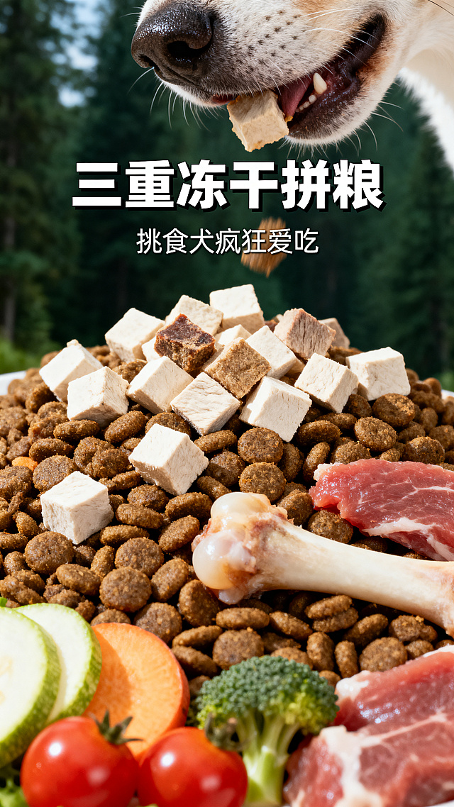 全屏统一清新自然治愈风，实景实拍质感，森系深绿+柔和米白+浅暖自然光色调，整体干净通透、治愈高级。主文案"三重冻干拼粮"居中粗黑醒目，强化核心卖点；副文案"挑食犬疯狂爱吃"居中下沉，纤细浅色调字体，适配整体清新风格。近景微距特写构图，画面中心聚焦狗粮颗粒+肉粒、果蔬、生骨肉三种冻干细节，质感饱满立体；搭配狗狗大口进食的实景慢动作抓拍，画面聚焦食欲感，整体构图紧凑精致。8K高清微距实拍，冻干颗粒纹理立体清晰，食物光泽感十足，暖光加持凸显鲜肉香气，画面极具食欲感