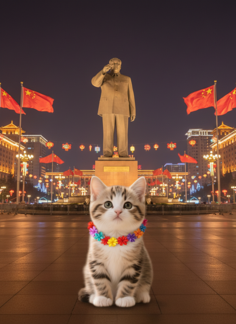 主角是图片中的这只猫，晚上，在成都天府广场前，脖子带着花环，坐在地上，背景有毛主席雕像，有国庆氛围但不要有字。生成的图片中的猫尽可能和原图中的猫保持一致，但大小要调整适合比例，这只猫咪可以表现的开心些预览效果