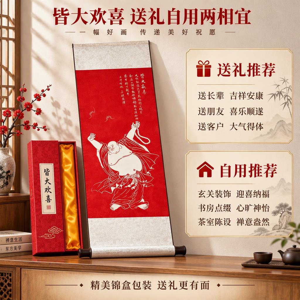 [主图-5] 规格与送礼场景图，展示弥勒佛挂画的吉祥寓意和送礼… - 图片创意预览