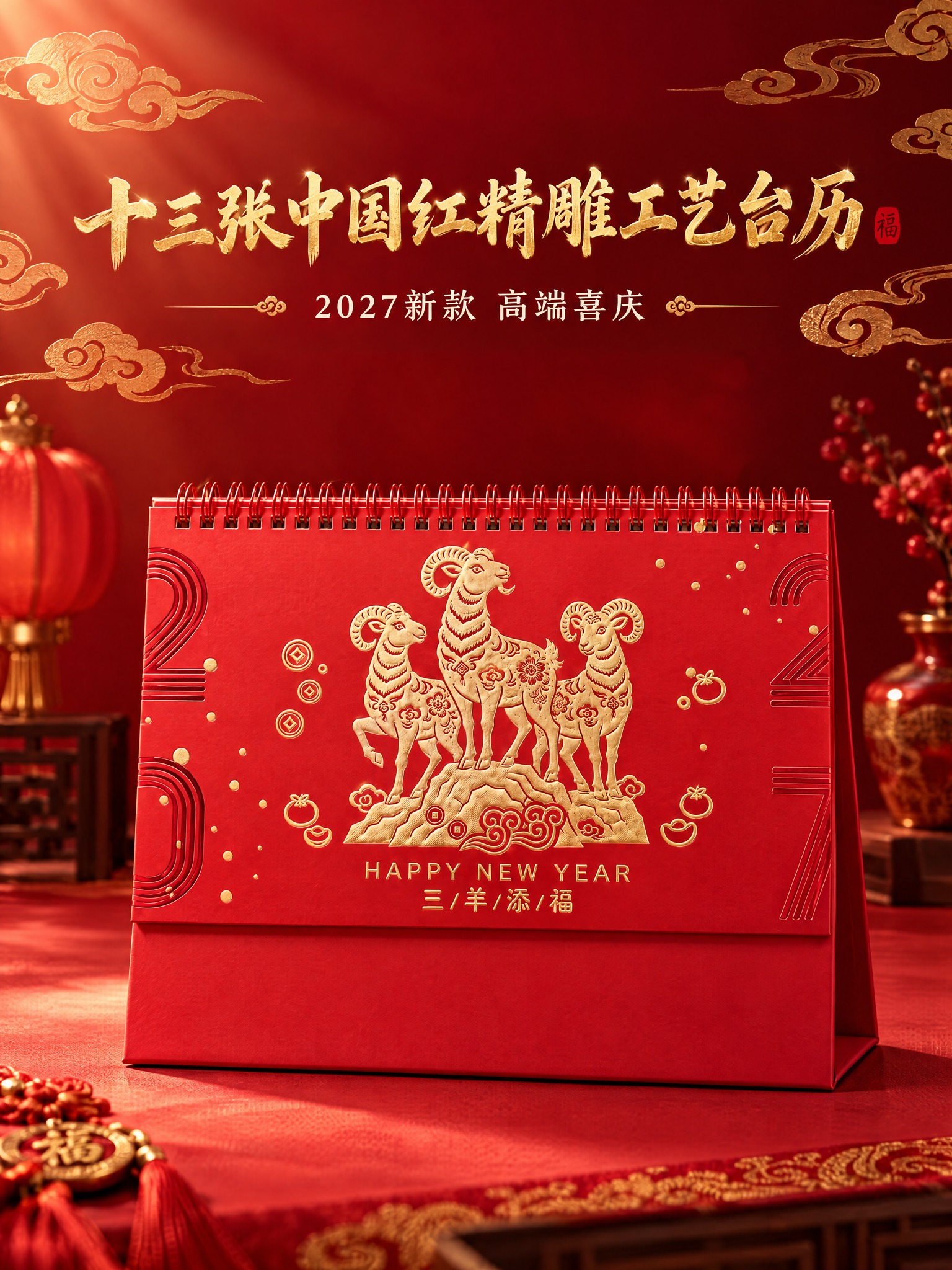 [商品] 使用三羊添福款台历；保留红色封面、金色三羊精雕图案、… - 图片创意预览