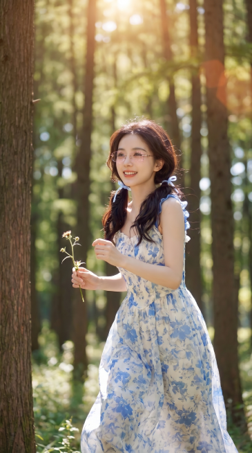 生成9:16比例的图，女主拿着一枝花，在树林中奔跑，自然灵动，有淡淡的阳光，保持女主脸上玫金浅粉色无框眼镜的所有细节不变，保留女主发型和蓝白碎花连衣裙，参考眼镜款式预览效果