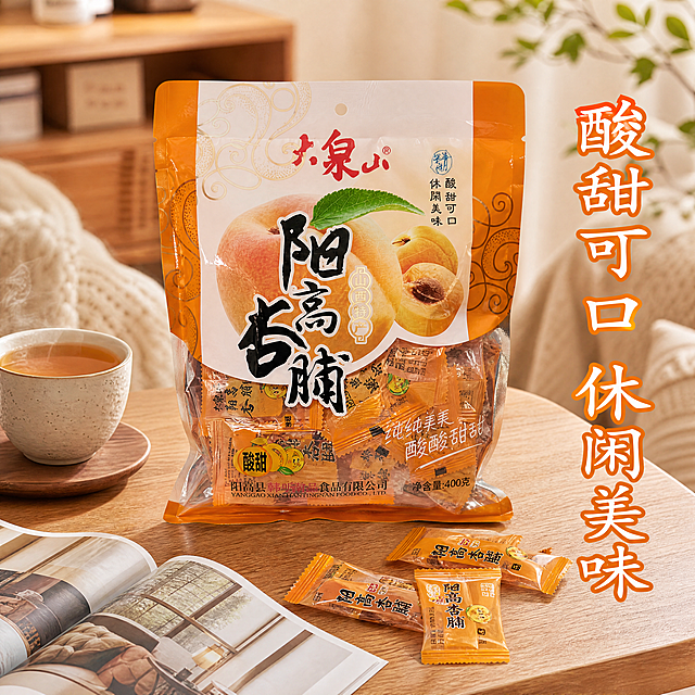 [主图-3] 食用场景图 休闲解馋场景 大泉山阳高杏脯包装袋放置在ins风原木茶几上 旁边搭配一杯热茶 翻开的杂志 散落几袋独立小包装杏脯 营造居家追剧放松氛围 主文案"酸甜可口 休闲美味" 粗体暖橙色字体 整体温馨治愈美食场景摄影 光线柔和午后自然光 画面干净高级 保持产品外观与输入图完全一致 商品主体占比65% 画面满屏无边框 暖调柔光 阴影自然 主色调暖橙原木色 1:1正方形构图 4K分辨率 文字清晰 负向提示词 变形 水印 文字错乱 产品模糊 背景杂乱
