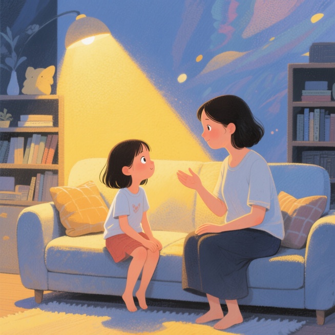 温馨的家庭场景，柔和的暖黄色灯光下，妈妈坐在沙发上，耐心地倾听女儿说话，女儿眼睛亮晶晶地分享着自己的想法，两人之间充满信任和温暖的氛围，背景有柔软的抱枕和书架，整体画面传递出亲子间真诚沟通的重要性预览效果