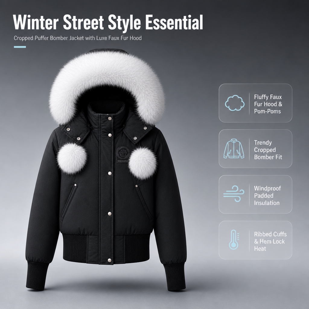 [商品] 使用【图1】黑色短款毛领连帽棉服；商品处理：保留连帽… - 图片创意预览
