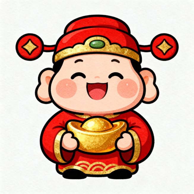 可爱的卡通财神爷头像，喜庆红金色调，圆乎乎的脸蛋，手捧着金元宝，笑容满面，中国传统新年风格，适合做社交平台头像，背景简洁干净，整体风格圆润可爱萌趣预览效果